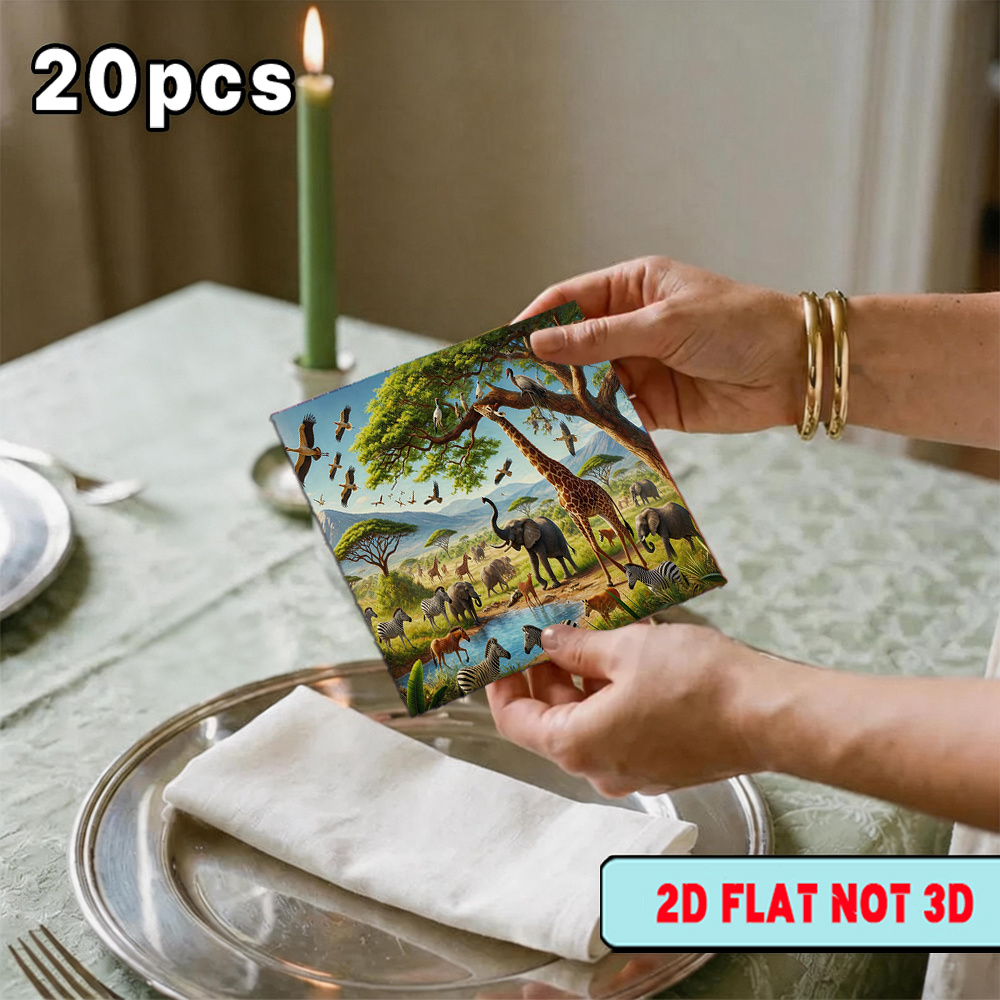 TEMU 20pcs Wildlife Napkins With, Elephant & Giraffe Print - 2-ply Suitable For Themed Parties, Bbqs, Restaurants, Kitchen - Decorative Table Setting