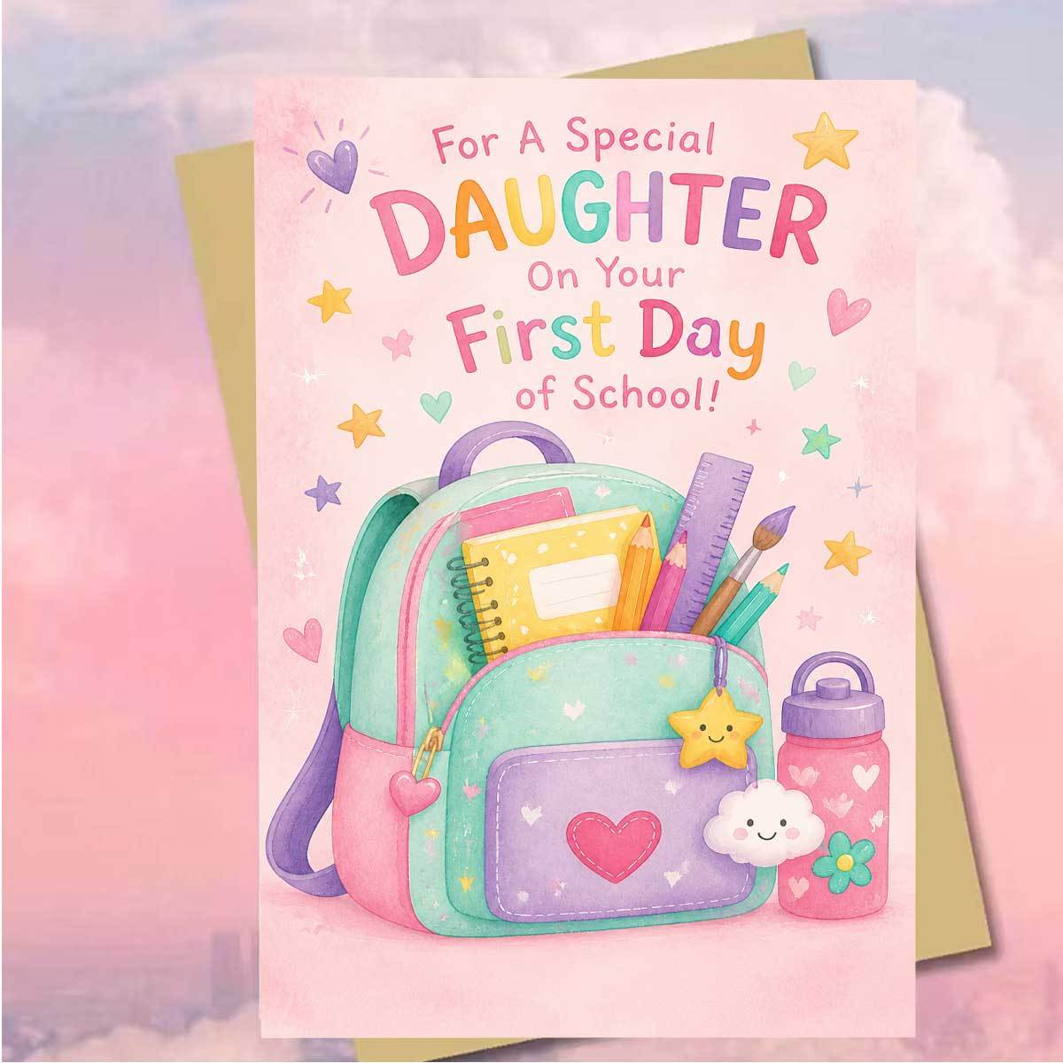 TEMU 1pc Warm And Adorable Back-to-school Greeting Card For A Daughter, "for Daughter On Your First Day Of School!", Featuring A Pink And Green