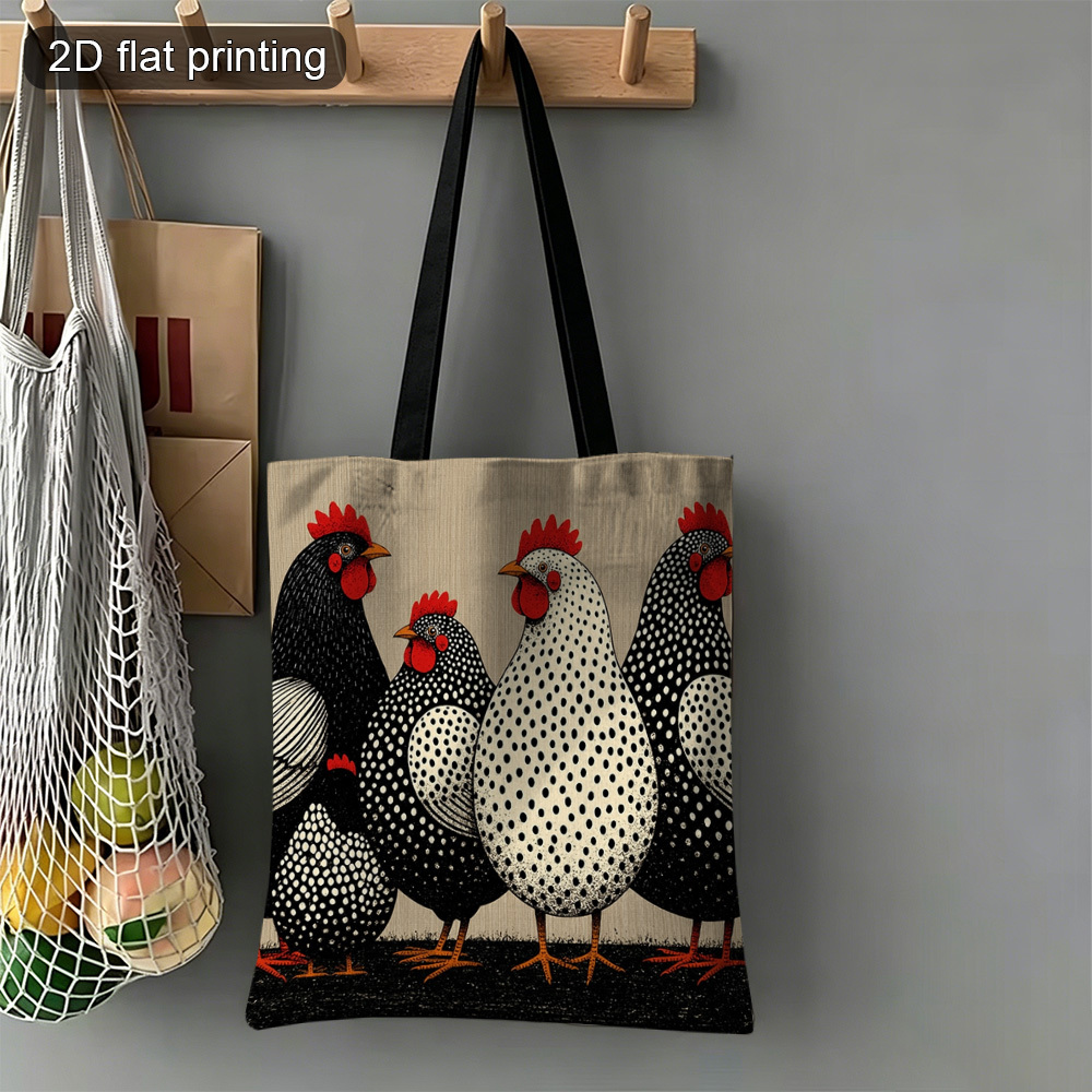 TEMU 1pc Chicken Double-sided Printed Tote Bag, Durable Rectangular Shopping Bag, Foldable And Reusable, 2d Flat For Daily Use, Commuting, Gifts,
