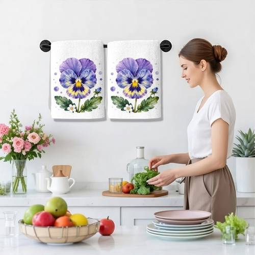 2pcs retro pansy themed kitchen towels suitable for baking bathroom cleaning microfiber cloths with pansy design blue purple suitable for parties decorations rectangular towel for multi use 2d flat