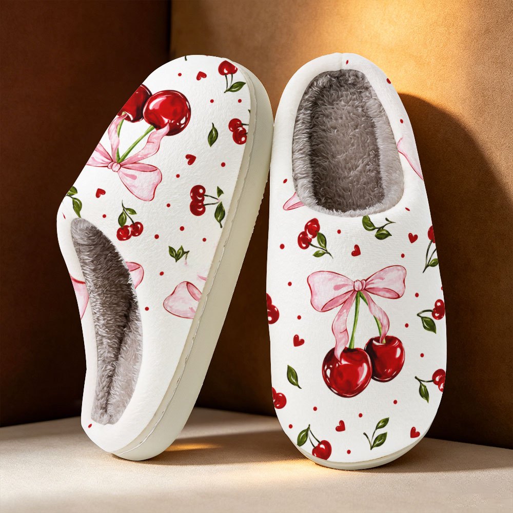 TEMU Women's Fashionable Printed Slippers Featuring A Bow With Cherry, Heart, And Polka Dot Elements. Elegant And , In Matching Styles For Couples.