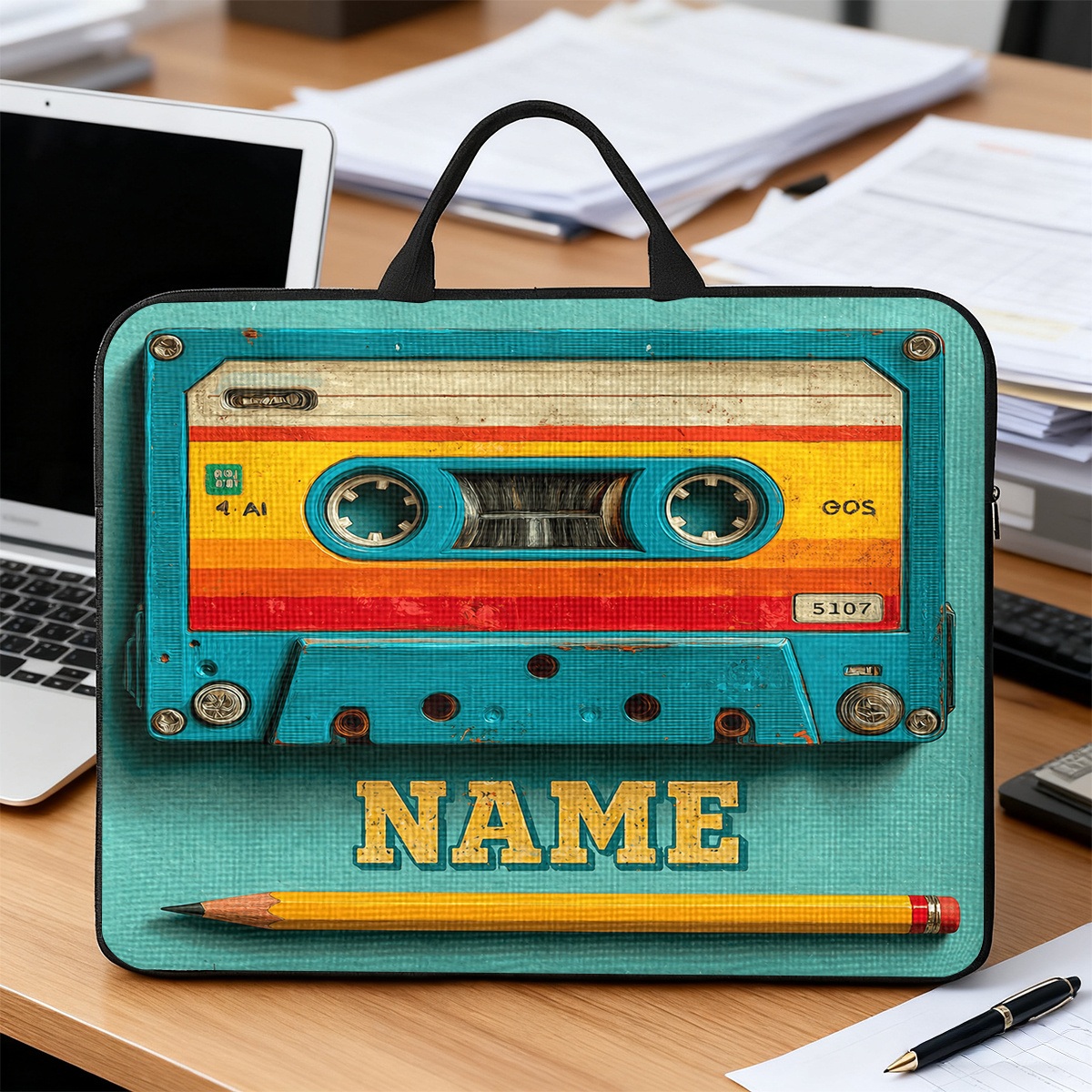 Customized Cassette Tape Themed Portable Laptop Bag with Handle
