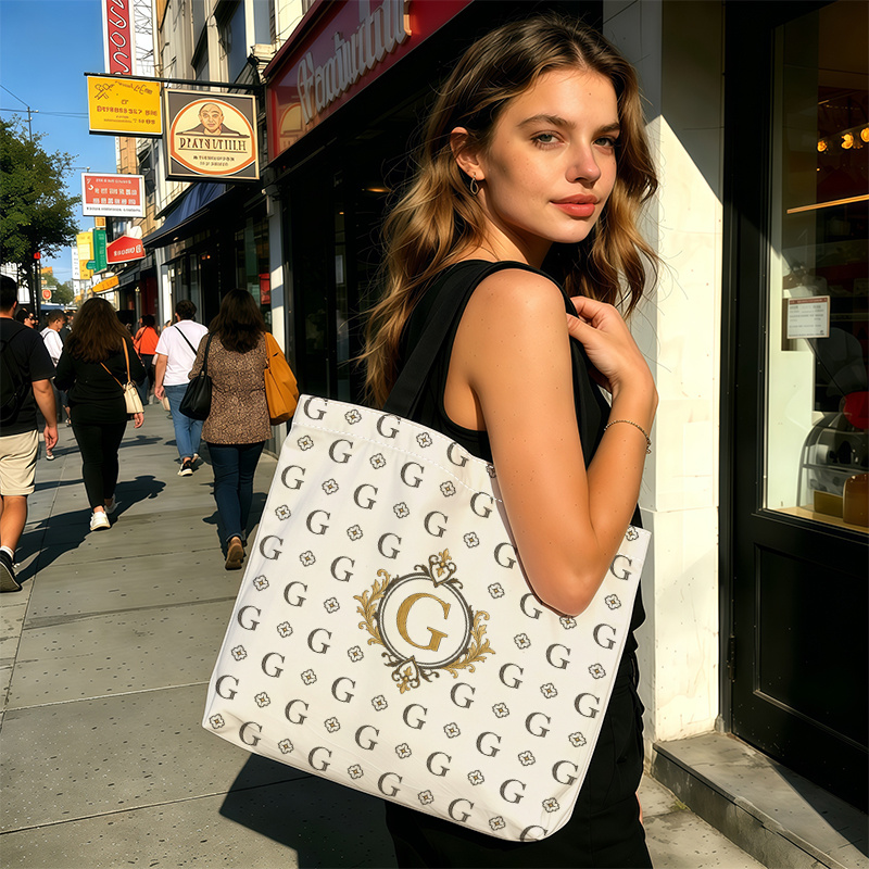 TEMU G Letter Scroll Pattern Theme Double-sided Printed Canvas Tote Bag, Large Capacity Shopping Bag Handbag Shoulder Bag Washable Durable Reusable