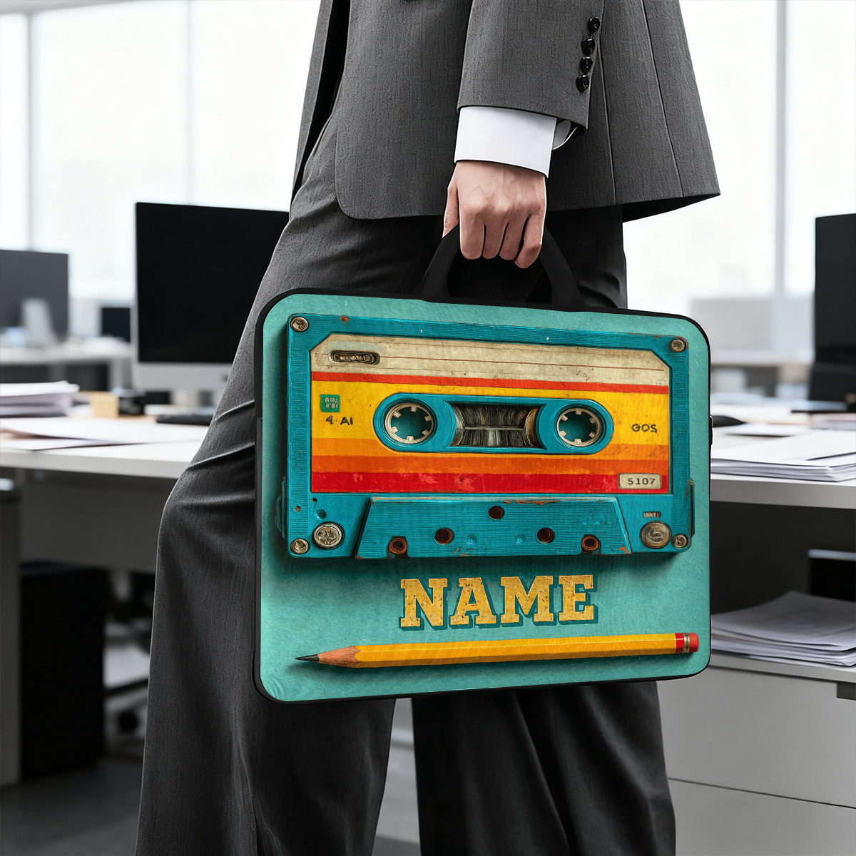 Customized Cassette Tape Themed Portable Laptop Bag with Handle