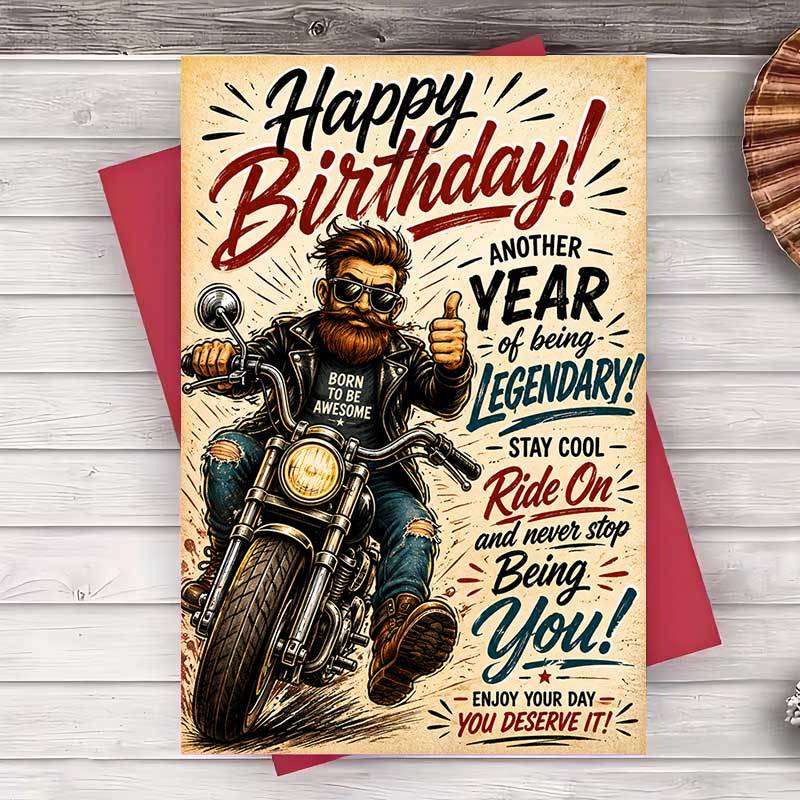 TEMU 1pc Envelope And 1pc Greeting Card Vintage Motorcycle Birthday Greeting Card For Men Cool Biker Theme Flat Paper Card For Husband Brother Or