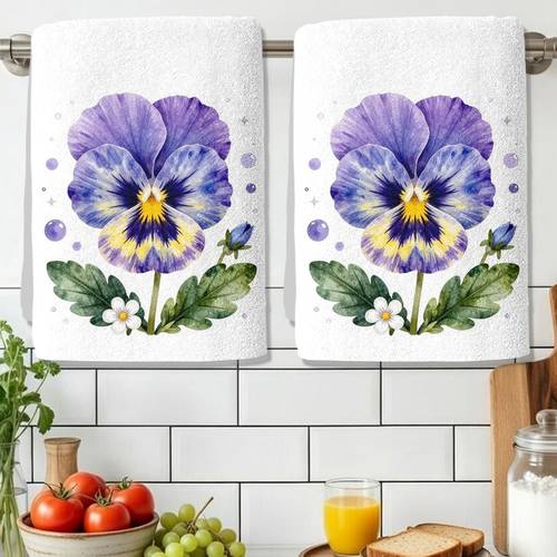 item picture 2pcs retro pansy themed kitchen towels suitable for baking bathroom cleaning microfiber cloths with pansy design blue purple suitable for parties decorations rectangular towel for multi use 2d flat