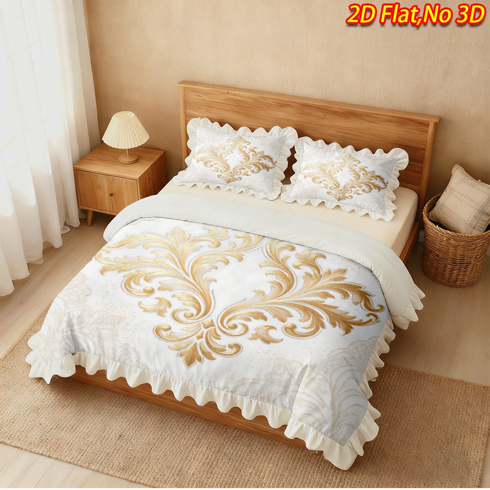 TEMU 2/3pcs 2d Flat Printing European Golden Floral Ruffle Design Duvet Cover Set, Optional, Skin-friendly And Soft Machine Washable, Suitable For