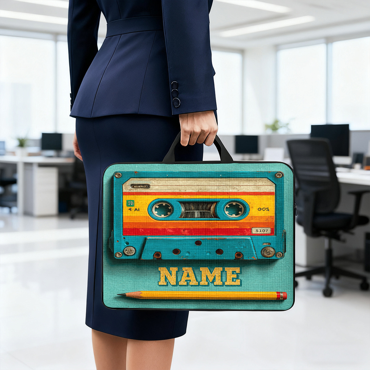 Customized Cassette Tape Themed Portable Laptop Bag with Handle