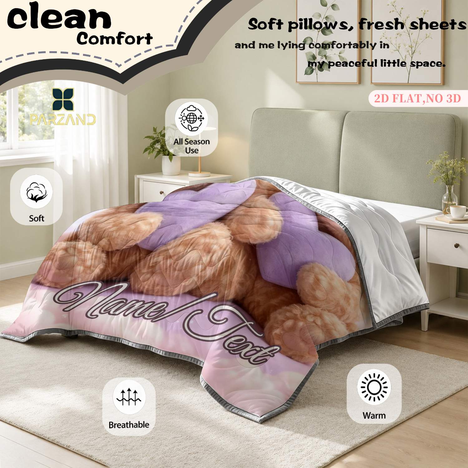 Custom Name Cute Bear Lightweight Summer Quilt
