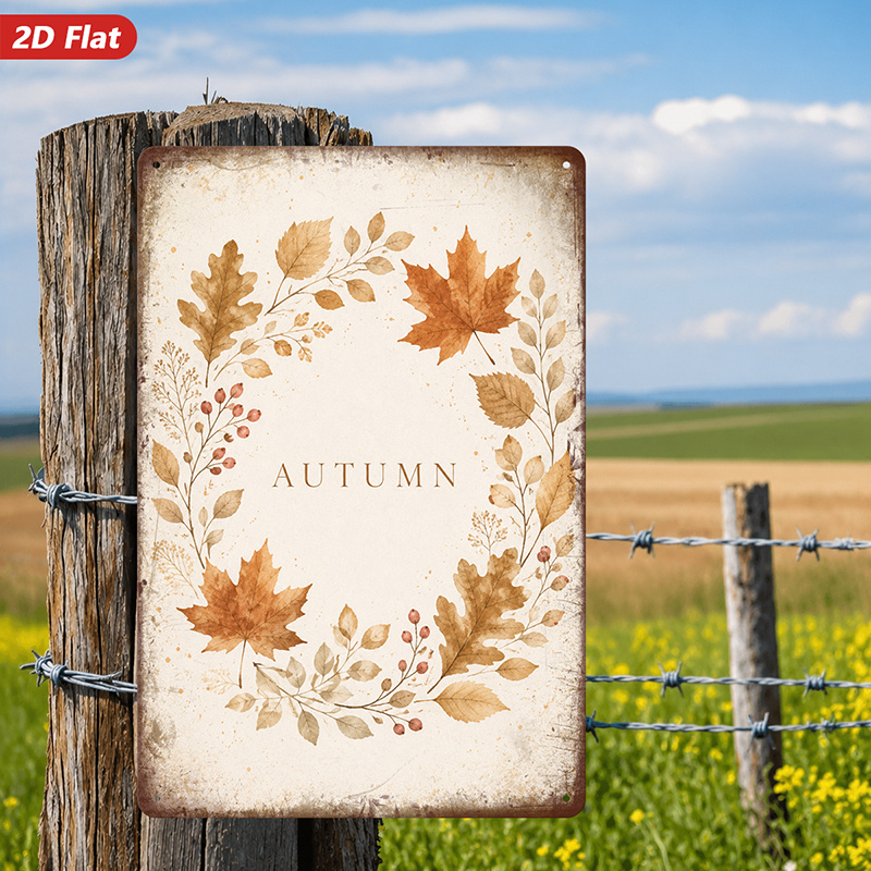 TEMU 2d Flat, 1pc Metal Sign Wall Art, Autumn - Themed Home Decor, Leaf Wreath Artwork, Rustic Style, For Living Room, Bedroom, Safe Rounded Corners,