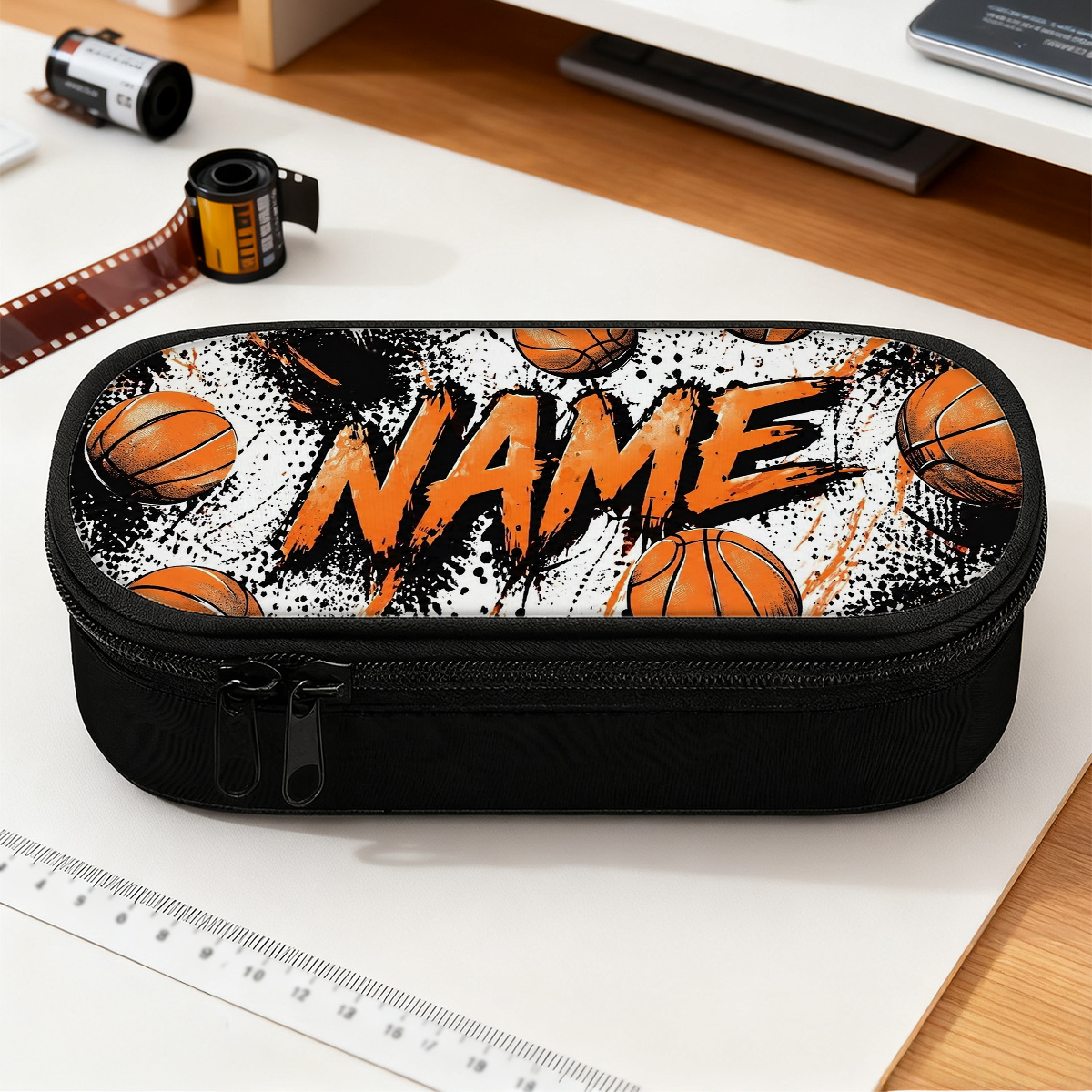 TEMU Customized 1pc Basketball Art 2d Flat Pattern Large Pencil Case With Zippered Compartments, Fashionable Personalized Custom Name/text Pencil