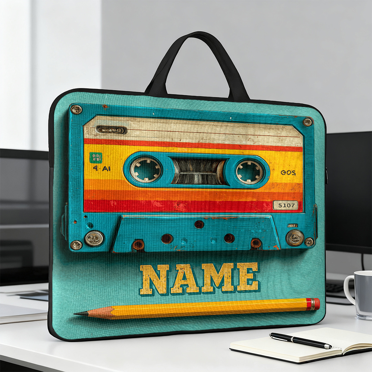 Customized Cassette Tape Themed Portable Laptop Bag with Handle