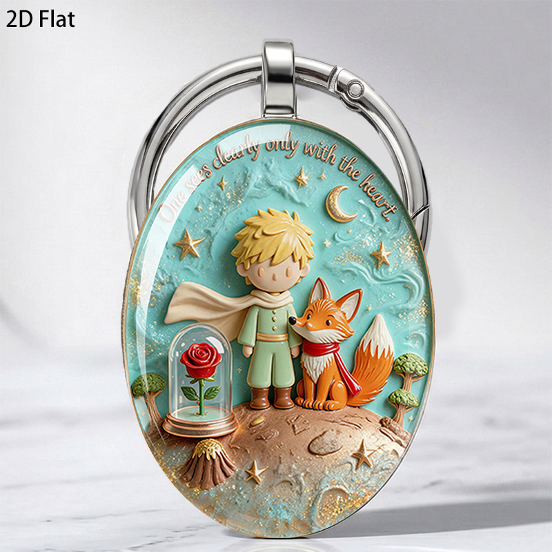 TEMU 2d Flat, 2d Flat Keychain 1pc, Soft Clay Relief Style Little Prince, With Little Prince, Fox, Rose And Starry Sky, With A Famous Quote. Little