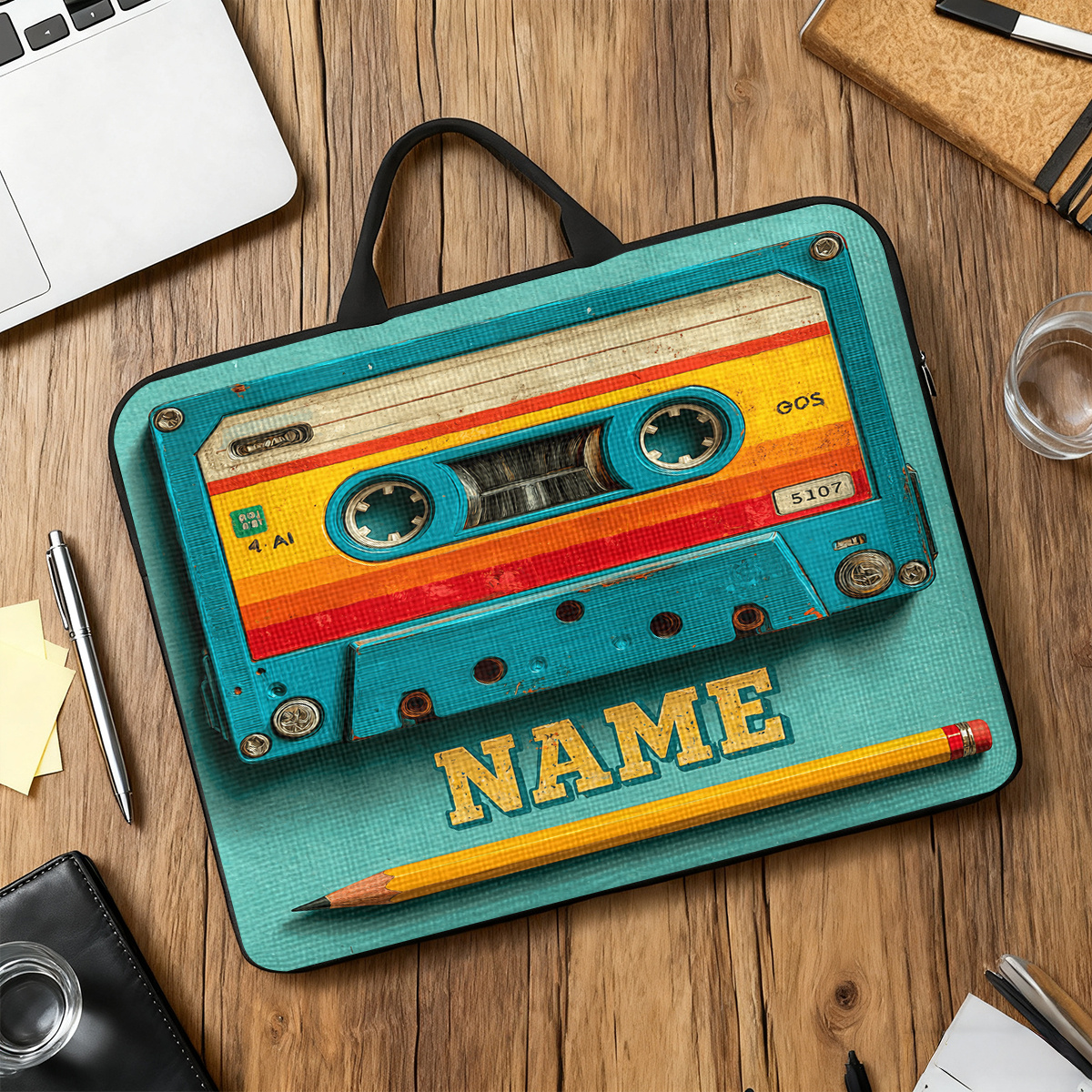 Customized Cassette Tape Themed Portable Laptop Bag with Handle