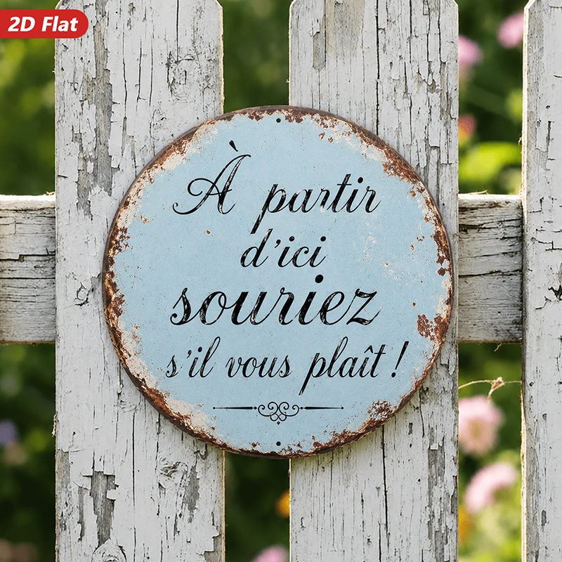 TEMU Plaque Murale Ronde en Métal 2D Plat, 1 pièce, Française " Please Smile", , Effet Bord Rouillé, , Décoration d'Intérieur, pour , Résistante aux