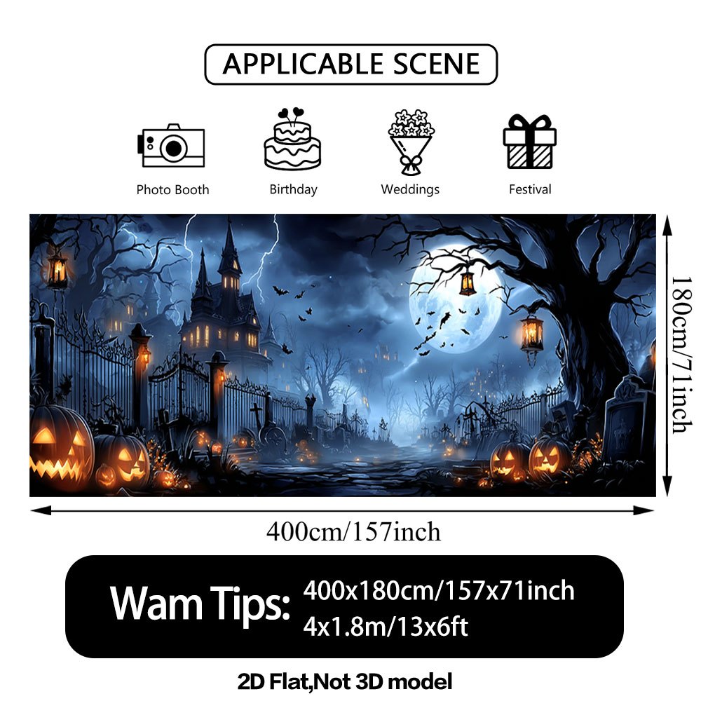 TEMU 1 pièce Bannière de décoration pour clôture, fête, , extérieur et jardin - Panneau en tissu imprimé scène hantée effrayante avec 'installation