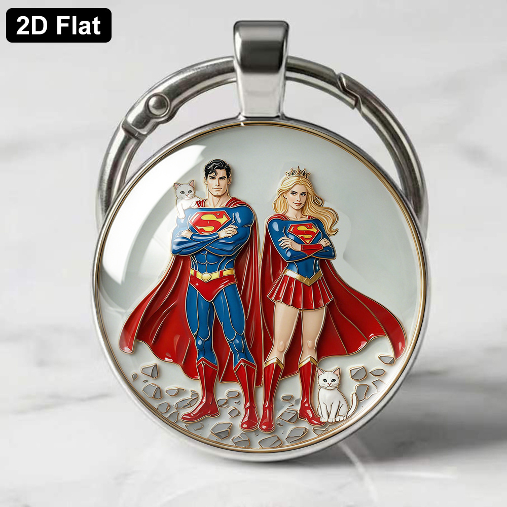 TEMU 1pc 2d Flat Keychain, Enamel Relief Style Superman And With 2 Cute White Kittens. Collectible Key Chain, Bag Purse Backpack Car Key Pendant, Fan