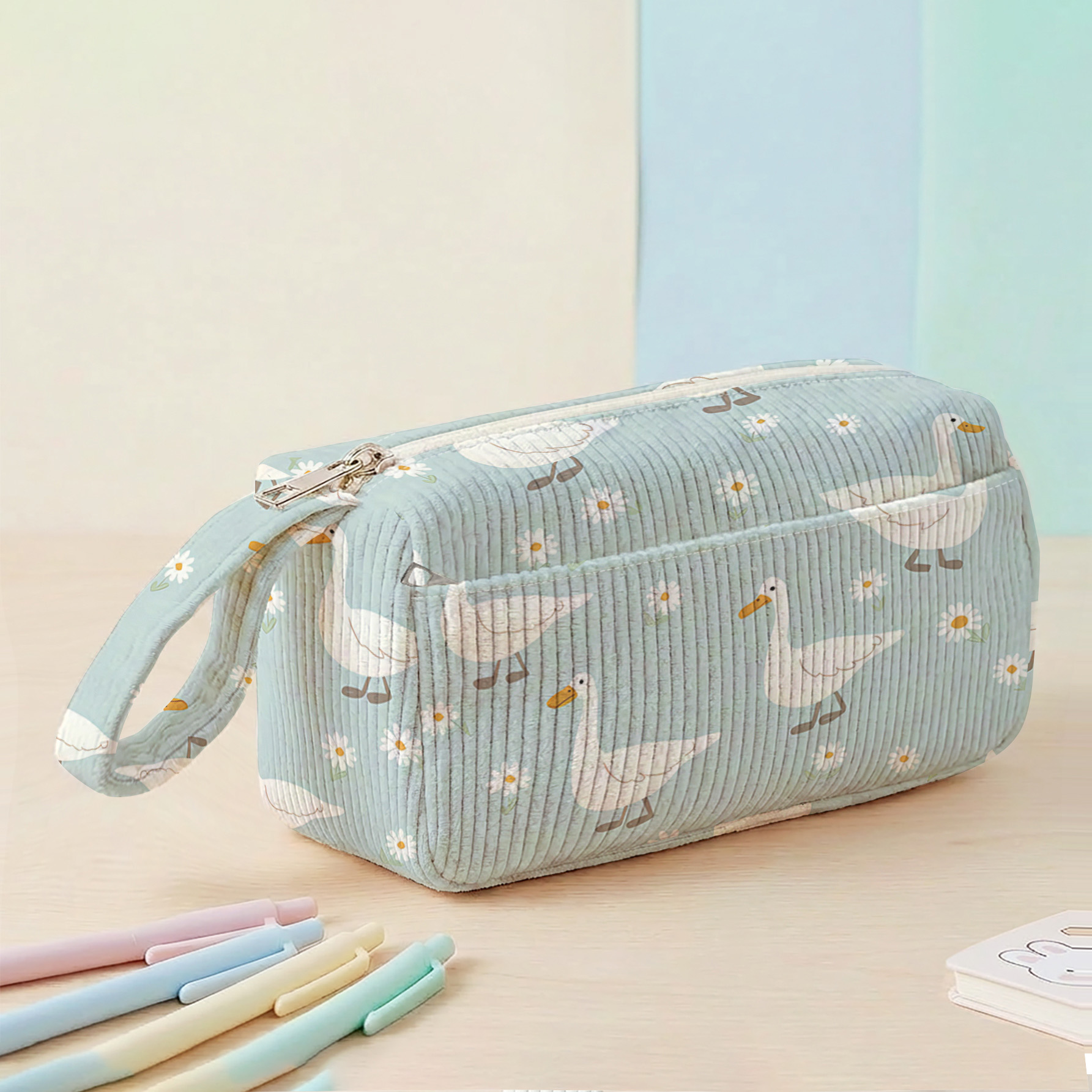TEMU 1pc, And Daisy Pattern 2d Printed Corduroy Pencil Case, Stationery Organizer, Front Layered Pocket + Matching Color Hand Strap, Smooth Metal