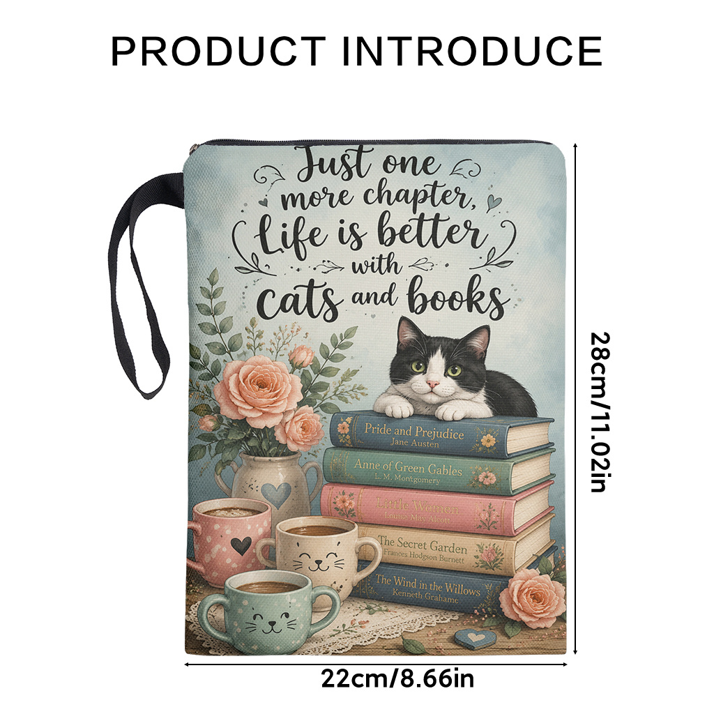 TEMU Book Sleeve 1pc, Cats And Books Double-sided Print Book Sleeve, Book Cover For Book Lovers, Reusable And Washable Fabric Cover With Zipper