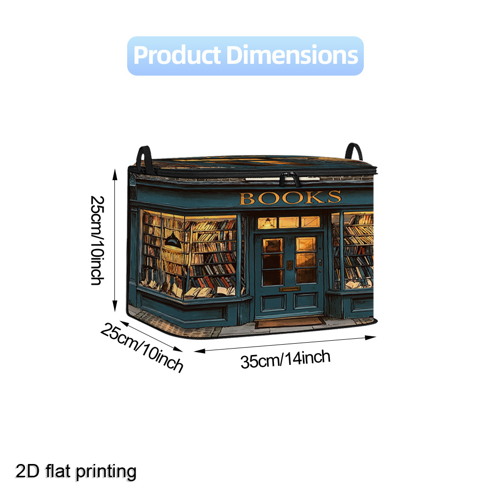 TEMU 2d Flat Printing Vintage Bookstore Facade Printed Storage Container With Lid, Stackable Home Storage Bin For Bedroom Clothing, Office Desk