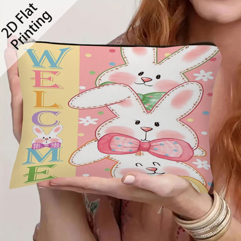 item picture 1pc easter bunny pattern 2d flat printing double sided printing cosmetic travel bag zippered toiletry pouch pencil case brushes storing lipsticks organizer makeup bag ladies handbag perfect gift for friends
