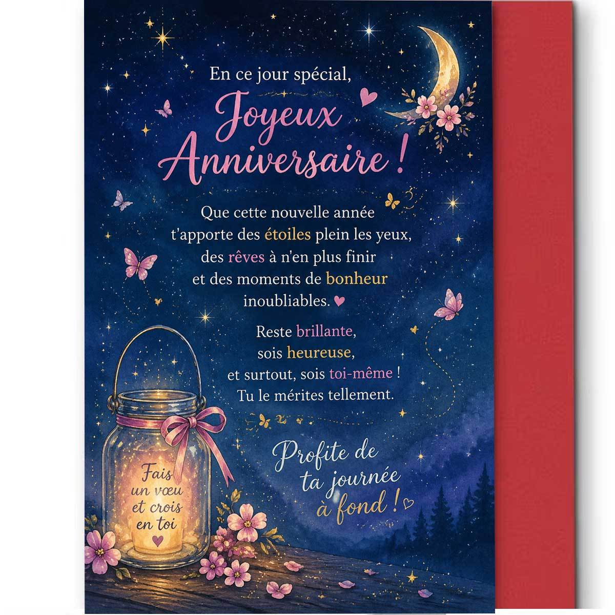 TEMU 1pc Beautiful Starry Sky Wishing Bottle Birthday Card, Featuring A Night Sky Dotted With , A , And Dancing Butterflies. Is Printed With "joyeux
