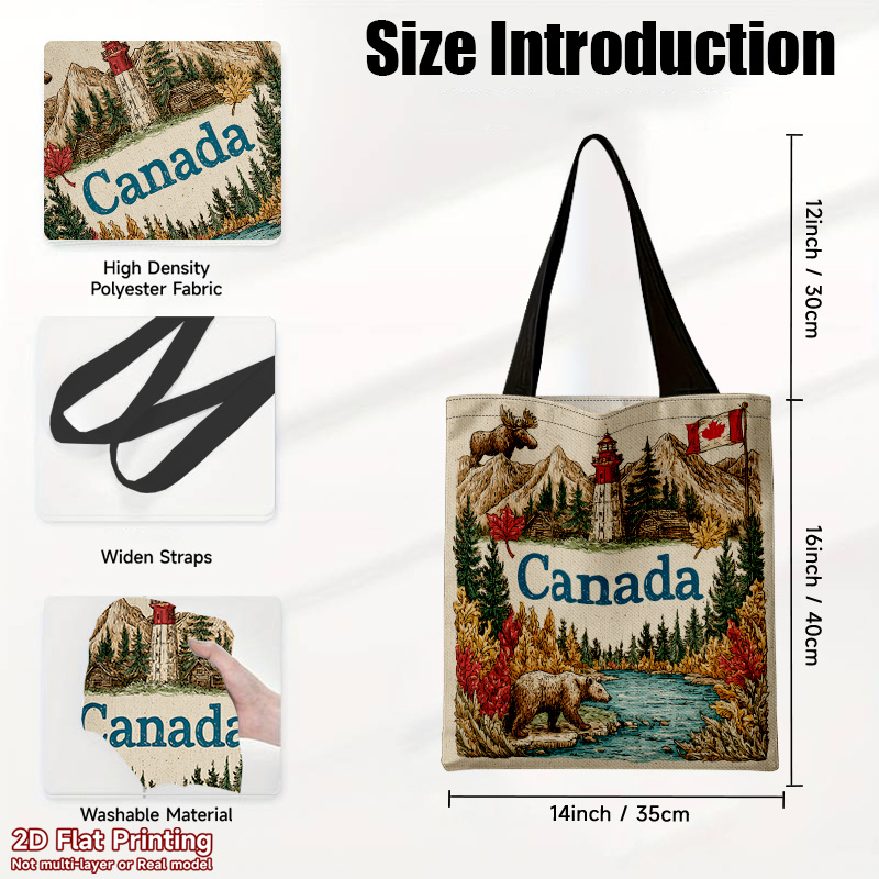 TEMU 1pc 2d Flat Printing Canada Wildlife And Landscape Illustration Tote Bag, Carry Everything You Need For Picnics And , Large Capacity Printed Bag