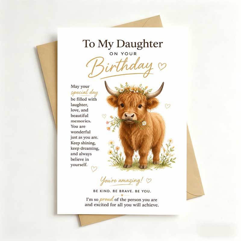 TEMU 1 Greeting Card + 1 Envelope Adorable Highland Cow Birthday Card, Cute Animal With Flowers "to My Daughter" For Family, Birthday Celebration