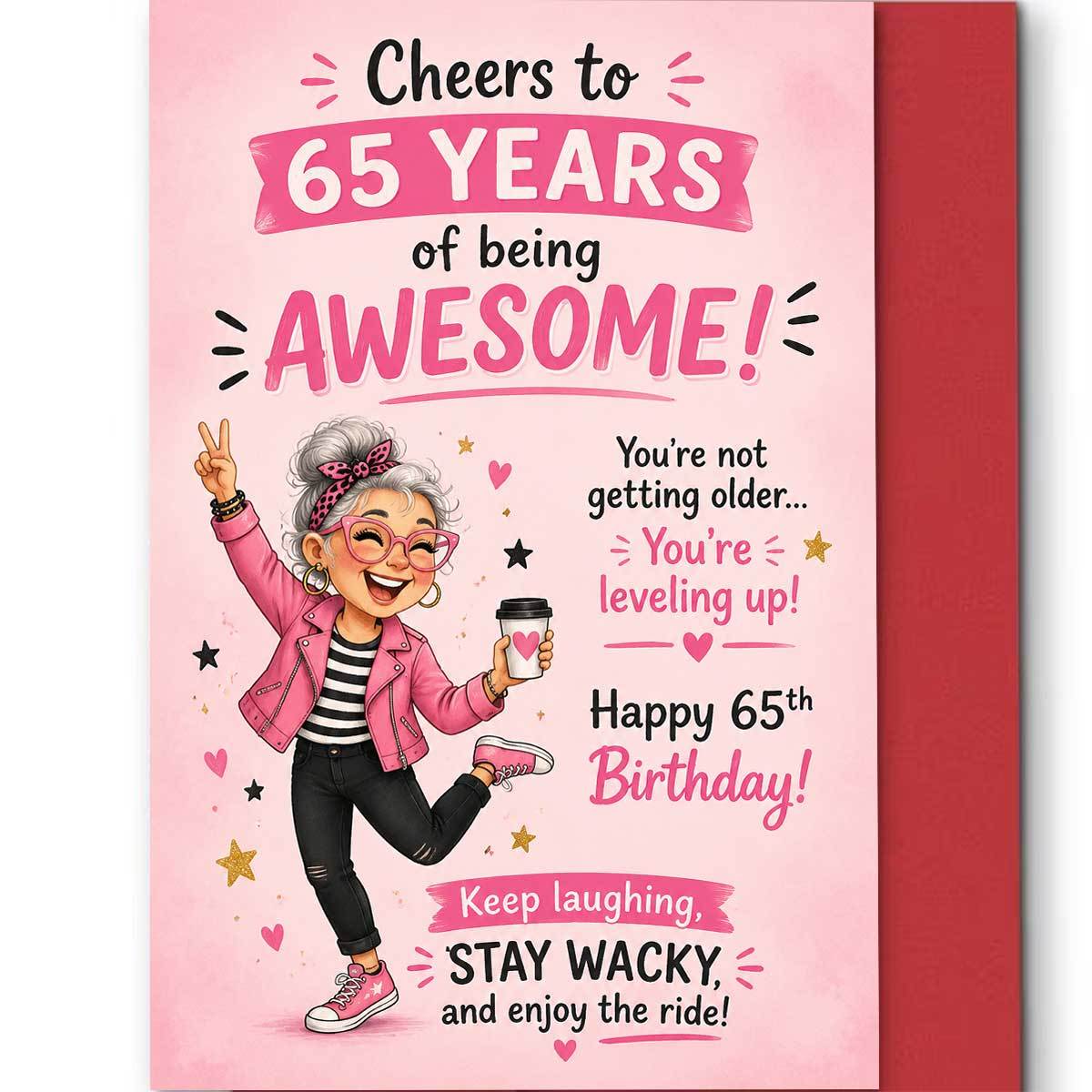 TEMU 1pc Exquisite Fashionable Women's 65th Birthday Card, Featuring A Vibrant Woman With Glasses And Pink Coat Making Scissors Hand Gesture, Heart