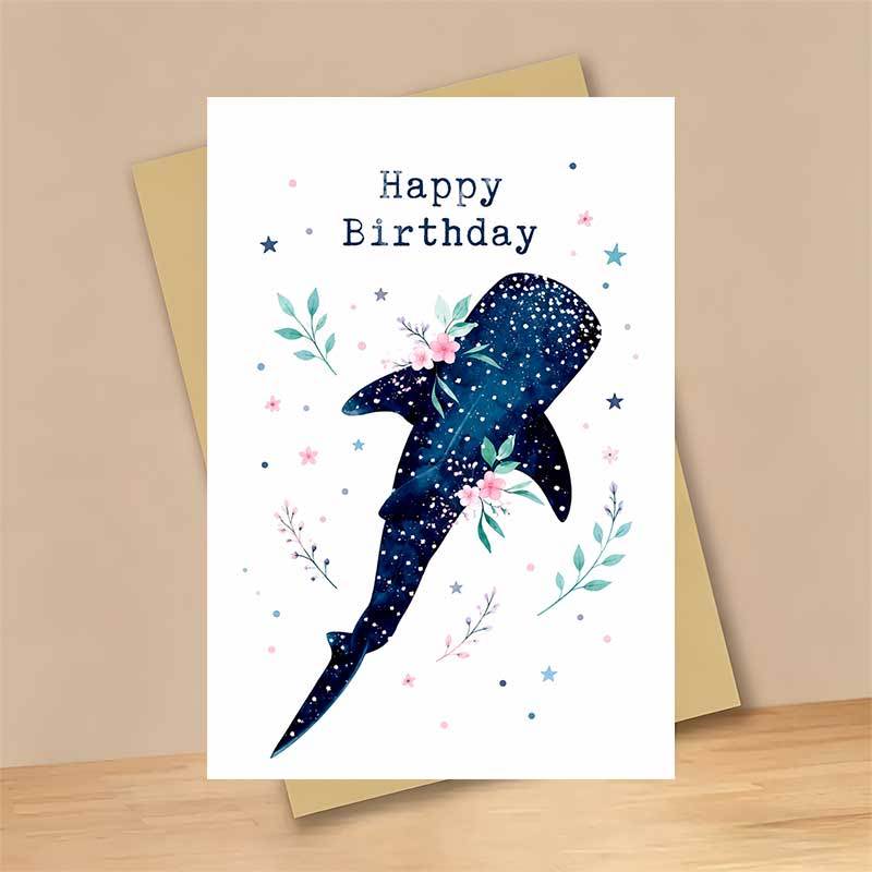 TEMU 1 Greeting Card + 1 Envelope Elegant Birthday Greeting Card, Starry Whale With Floral Decor "happy Birthday", , Birthday Celebration Artistic