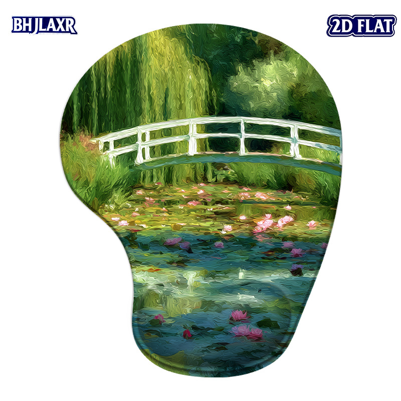 TEMU 1pc 2d Flat Impressionistic Garden Water Wooden Bridge Silicone Wrist Rest Mouse Pad 8.98 X 7.56 Inches - For Office Home Computer, Ideal Gift