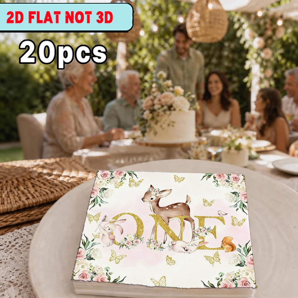 TEMU 20pcs Serviettes, avec Motif Faon Floral et Lapin Premier Anniversaire, Convient pour Fête en Papier, Fête Air en Papier, Papier pour Restaurant