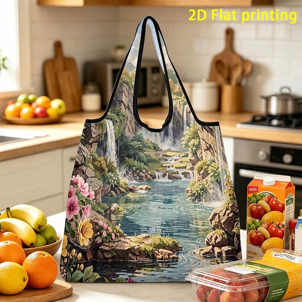 TEMU 1pc, Waterfall View Large Capacity Foldable Shopping Bagreusable, Suitable For Storage, For Essential Items In Season