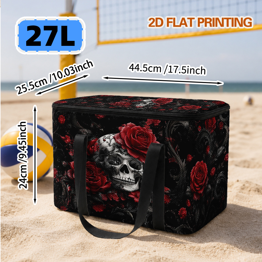 TEMU 2d Flat, 1pc 5.8l And 27l Insulated Lunch Bag, Surrounded By Red Roses Pattern Cooler Bag, Practical Zippers, Convenient For Outdoor Camping And