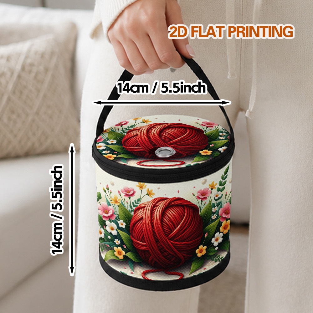 TEMU 1pc Yarn Storage Bag, Red Yarn With Flowers Print Yarn Bag And Yarn Storage Organizer, Upper Grip Handle, Sealed Zipper And Round Drawstring
