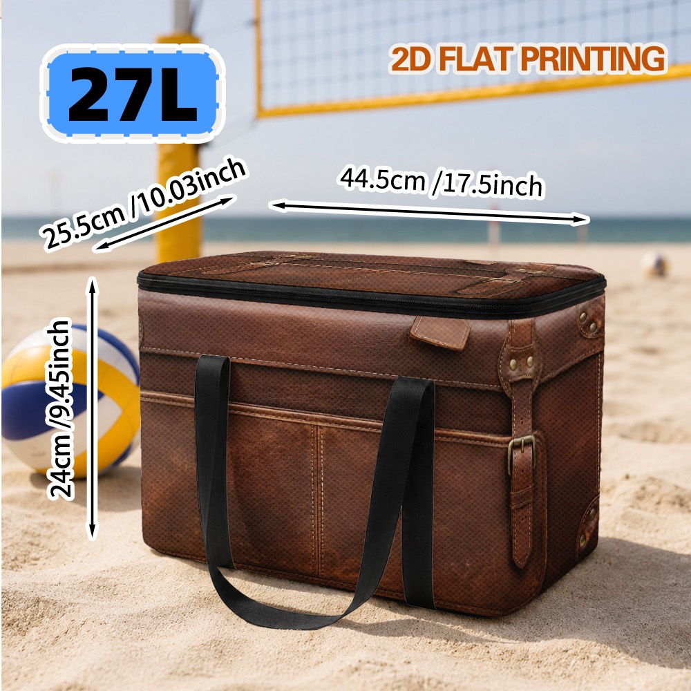TEMU 2d Flat, 1pc Insulated Lunch Bag 27l And 5.8l, Brown Briefcase Printed Cooler Bag, Heat Preservation And Twin Zippers, Compact Lightweight Build