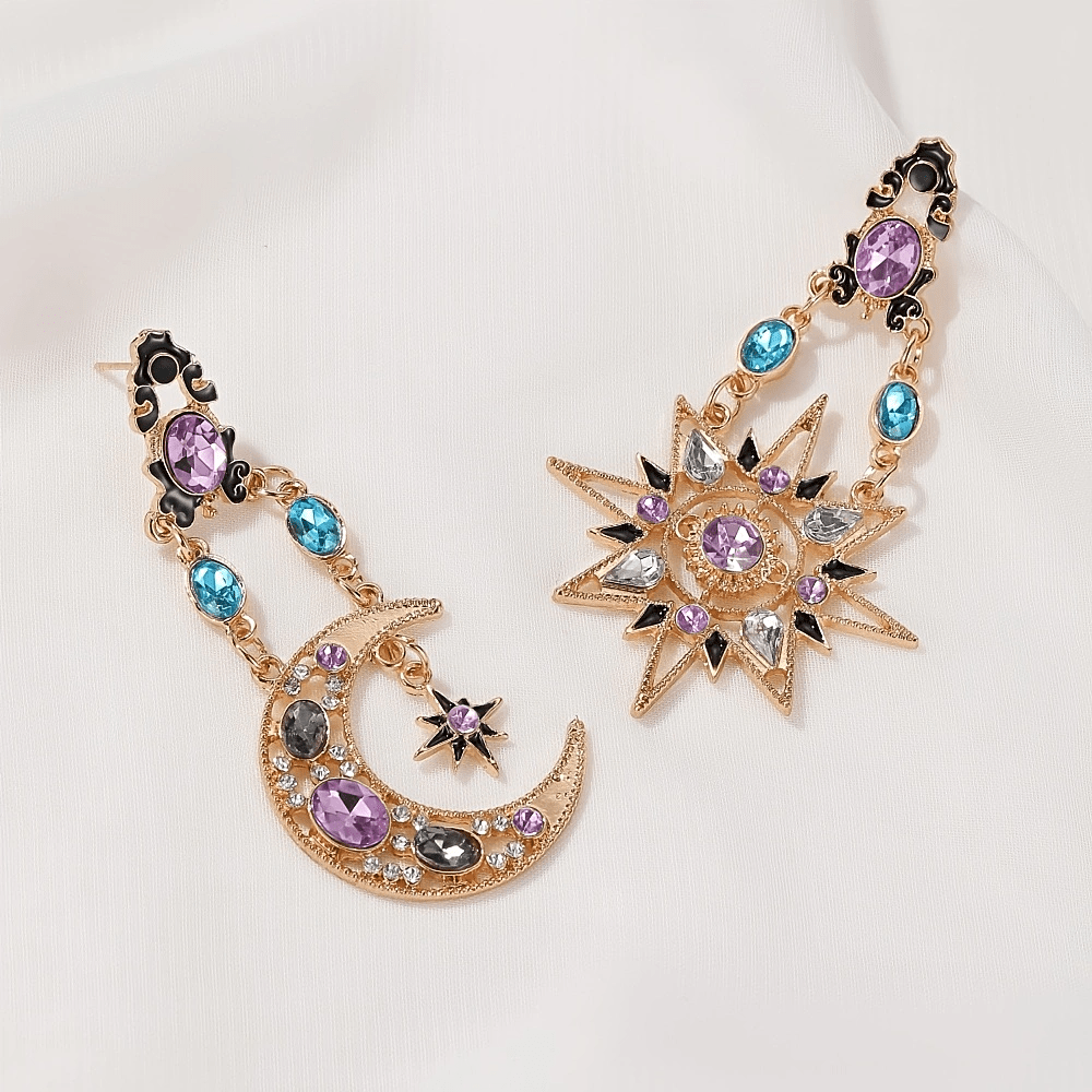 TEMU Retro Exaggerated Sun And Moon Earrings For Women 2pcs Long Asymmetric Lightweight Luxury Elegant Jewelry