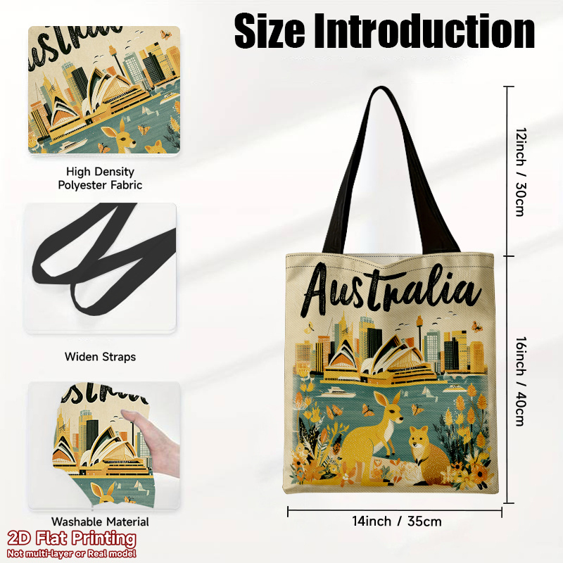 TEMU 1pc Australia-themed Tote Bag With & Iconic Landmarks Print - Foldable Shoulder Bag Suitable For Travel, Beach, Picnic, Commuting - Stylish ,