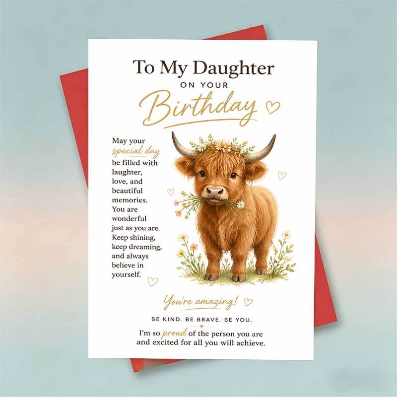 TEMU 1 Greeting Card + 1 Envelope Adorable Highland Cow Birthday Card, Cute Animal With Flowers "to My Daughter" For Family, Birthday Celebration