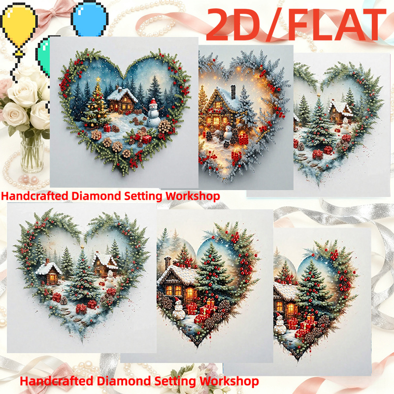 TEMU 6pcs Set Of 2d Flat Heart-shaped Pine Branch Christmas Cabin Snow Scene Pattern Diamond Painting Greeting Cards, Hand-painted Christmas Holiday
