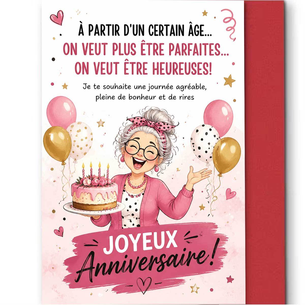 TEMU 1 Carte de vœux d'anniversaire et pour femme, représentant une dame avec des lunettes et un serre-tête tenant un gâteau surmonté d'une bougie