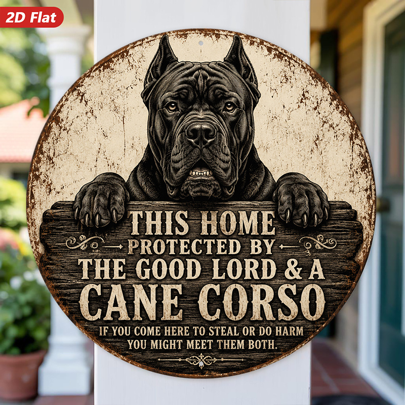 TEMU 2d Flat, 1pc Protection Round Metal Sign Wall Art, Protected By Lord And Dog, Black Mastiff, Vintage Wood Graphic, Home Decor, Ideal For Patio