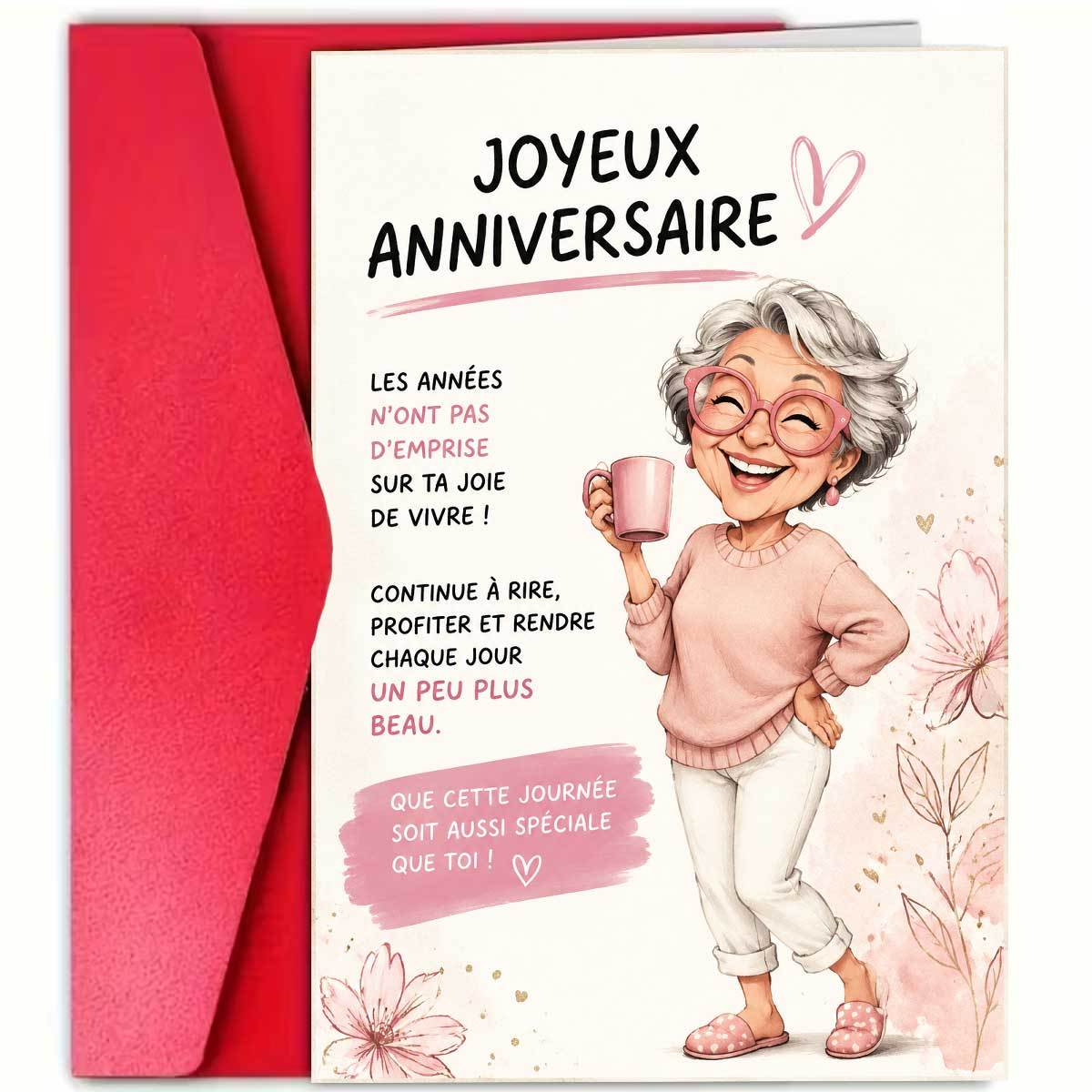 TEMU Carte d'anniversaire 1 pièce pour dame aux cheveux argentés, chaleureuse et , représentant portant des et tenant une tasse, avec un fond de