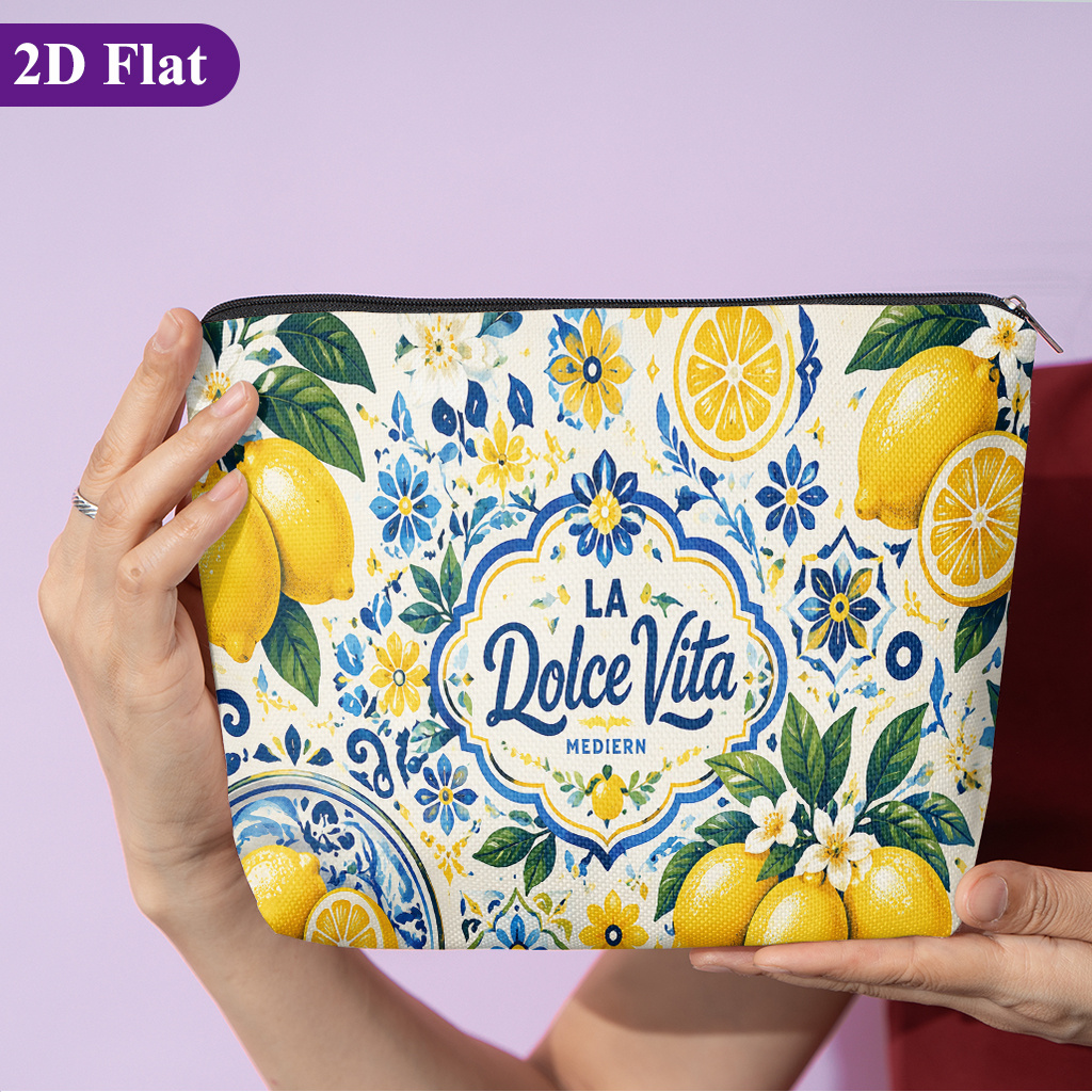 TEMU Cosmetic Bag 1pc, Lemon Floral Decorative Pattern, Stylish Travel Toiletry Bag, Featuring Fun Double-sided Printed Patterns, Zipper Closure, And