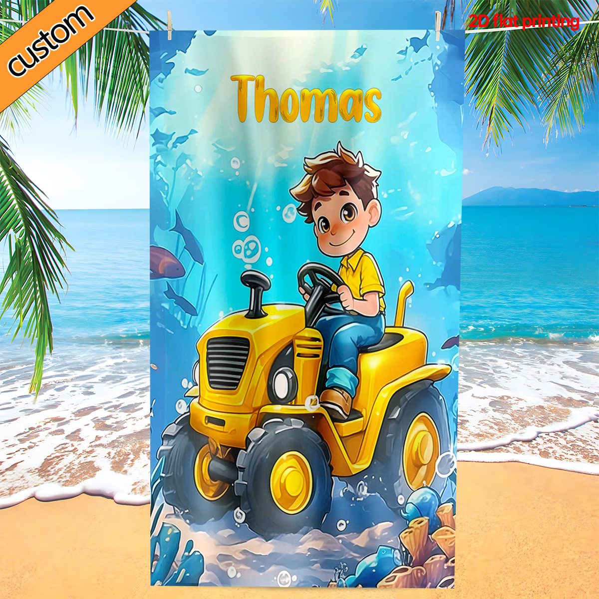 TEMU 2d Flat 1pc Boy Driving Tractor Custom Name Beach Towel - Soft, Ultra-absorbent Microfiber, Lightweight, Beach, Parties, Travel, Camping -
