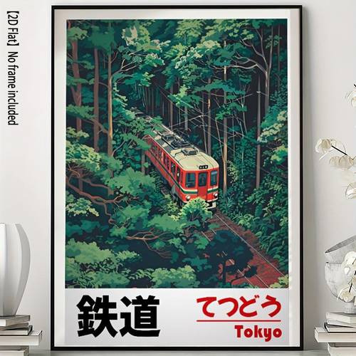 2d flat 2d flat frameless canvas painting aesthetic japanese scenery tokyo view train track forest anime poster for living room decor 2d flat
