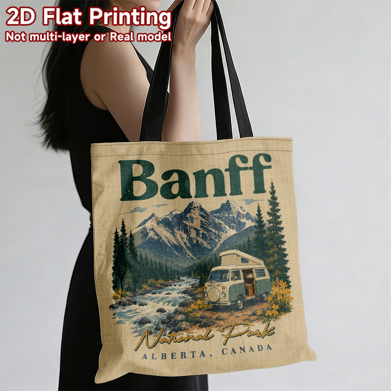 TEMU 2d Flat. 1pc Banff National Park Themed Handbag Fashionable Portable Large Capacity Shopping Bag Travel And Outdoor Handbag Reusable Grocery