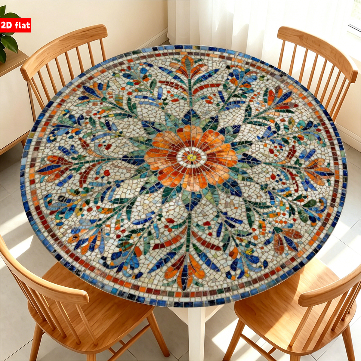 TEMU 1pc 2d Pattern Print Elastic Round Tablecloth, For Kitchen, Dining, Picnic, Camping, Party & Home Decor. Fabric, Ideal For Home, Hotel And
