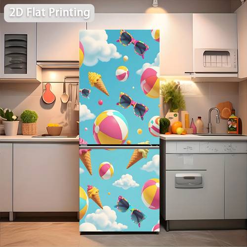 artikel foto 1 2d-geprinte koelkaststicker, 60x180cm, zomerse strandbal, modieuze bril, ijsjes muursticker, zelfklevend behang, geschikt voor kasten en garderobekasten, moderne keukendecoratie huissticker
