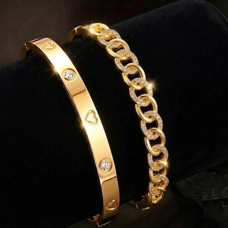 2pcs Unisex Thick Chain Link Buckle Bracelet Set, Stainless Steel & Copper